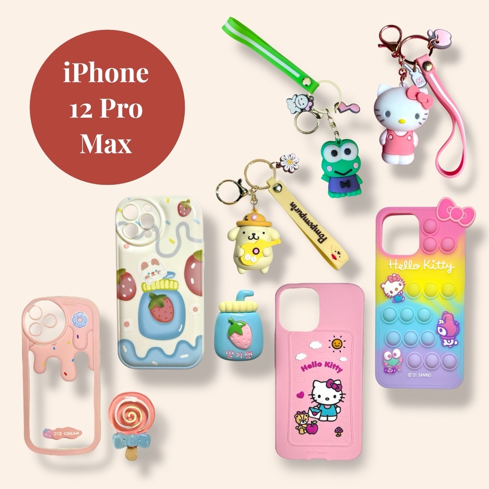 iPhone 12 Pro Max Bundle | Hello Kitty, Sanrio, Kawaii, Pop Socket, Keychain Set